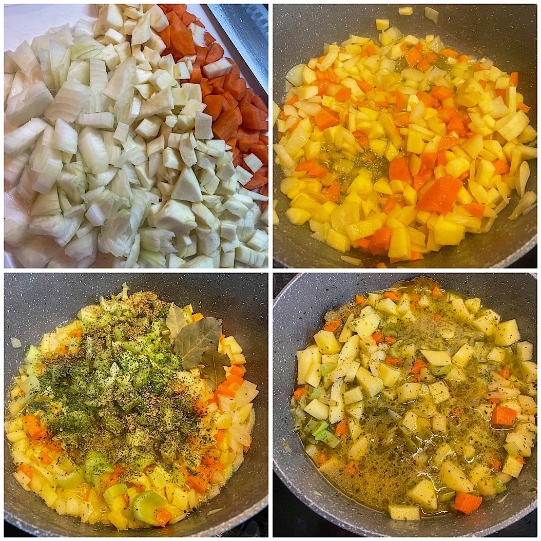 Step-by-step of creamy vegetable soup, showing chopped root veg, sautéing, added herbs and simmering in a pot