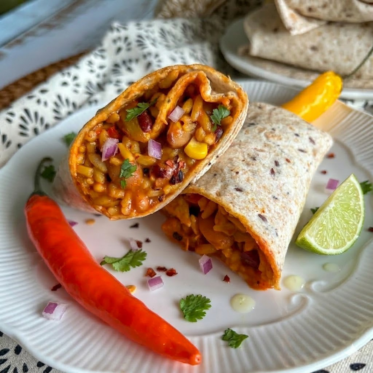 Close-up rice and beans burritos filled with spicy rice, beans, and vegetables, served with lime