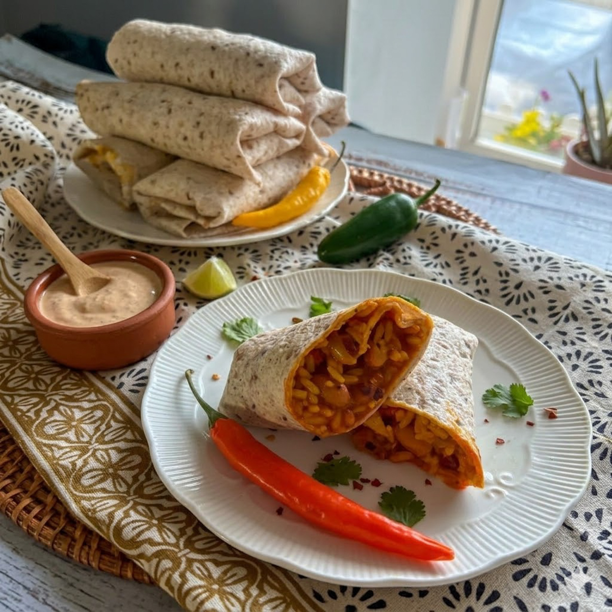 Rice and beans burritos plated with dipping sauce, jalapeño, and fresh herbs