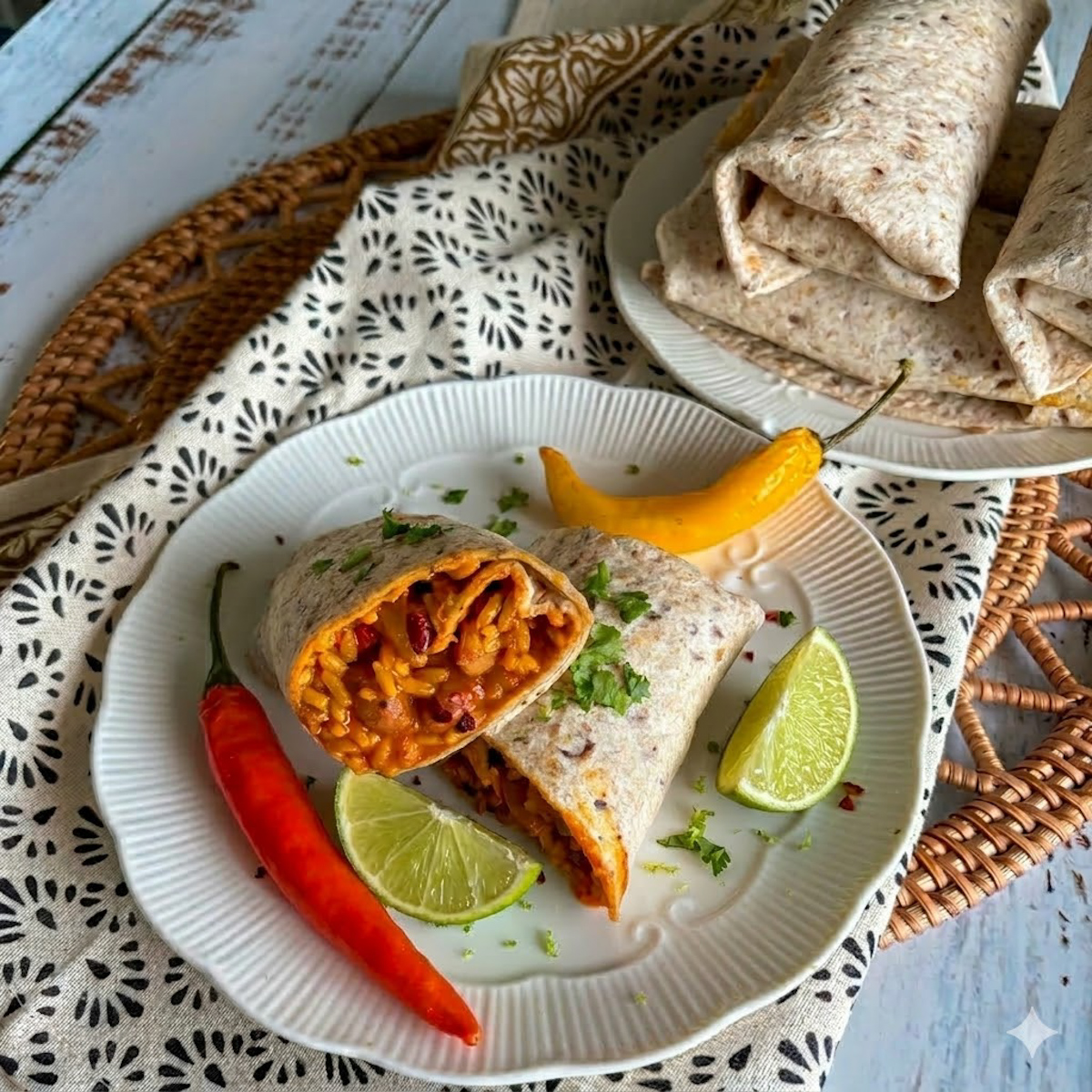 Homemade rice and beans burritos served with lime wedges and chilli on a rustic table