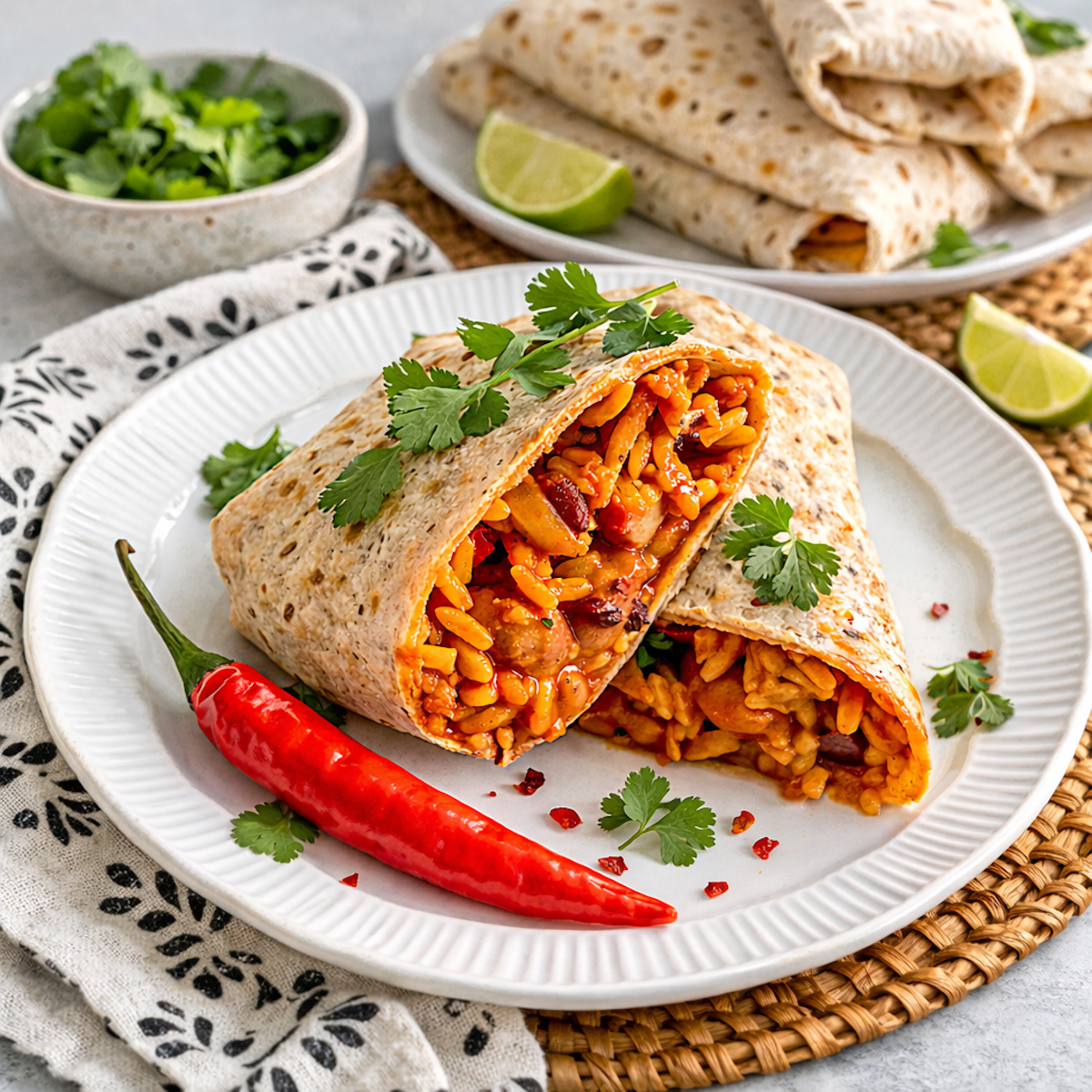 Rice and beans burritos with Mexican rice, beans, and coriander on a plate with lime and chilli