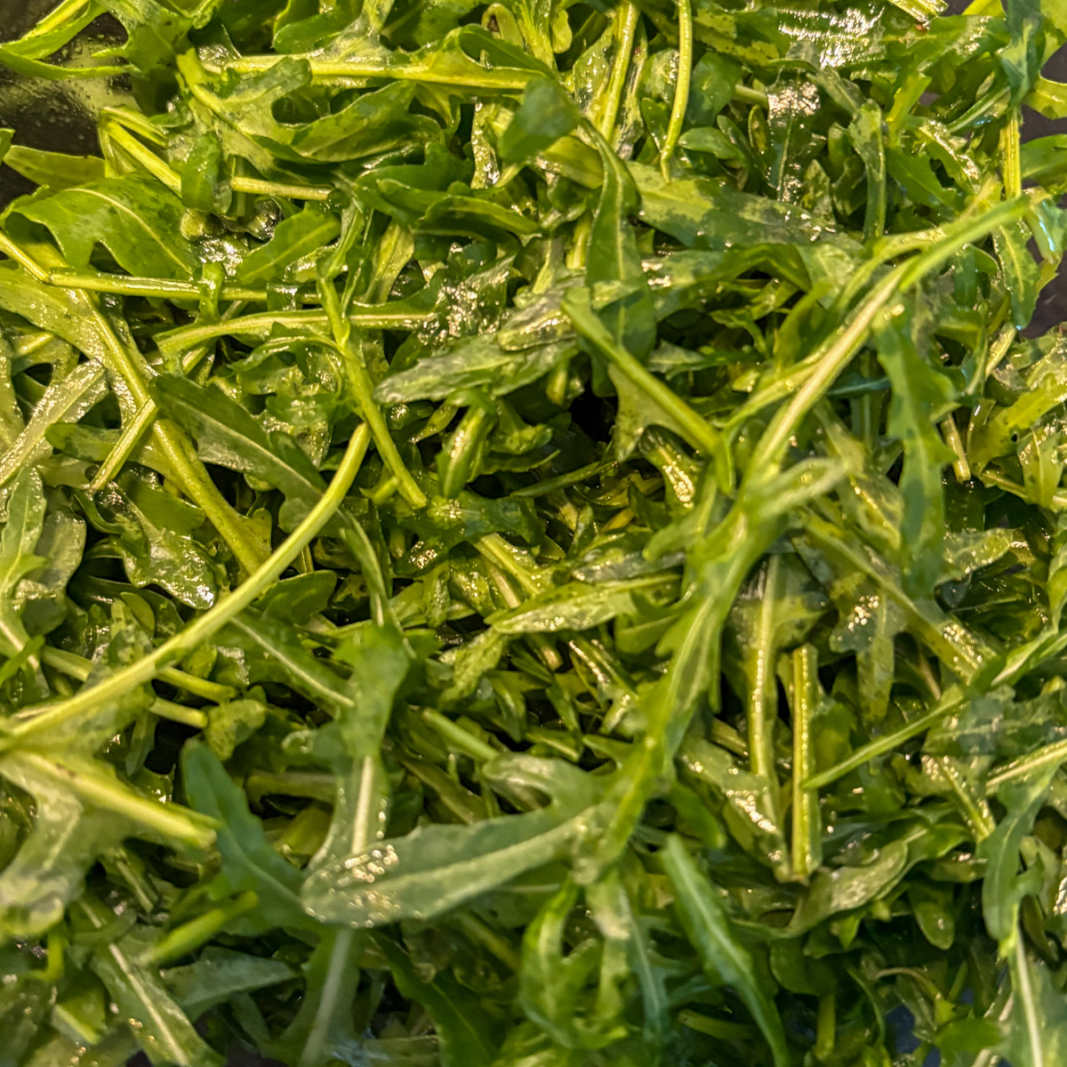 A bowl full of fresh, raw, vibrant green rocket leaves ready to be mixed.