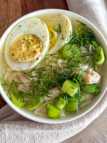 Russian chicken noodle soup with boiled egg, dill and spring onions