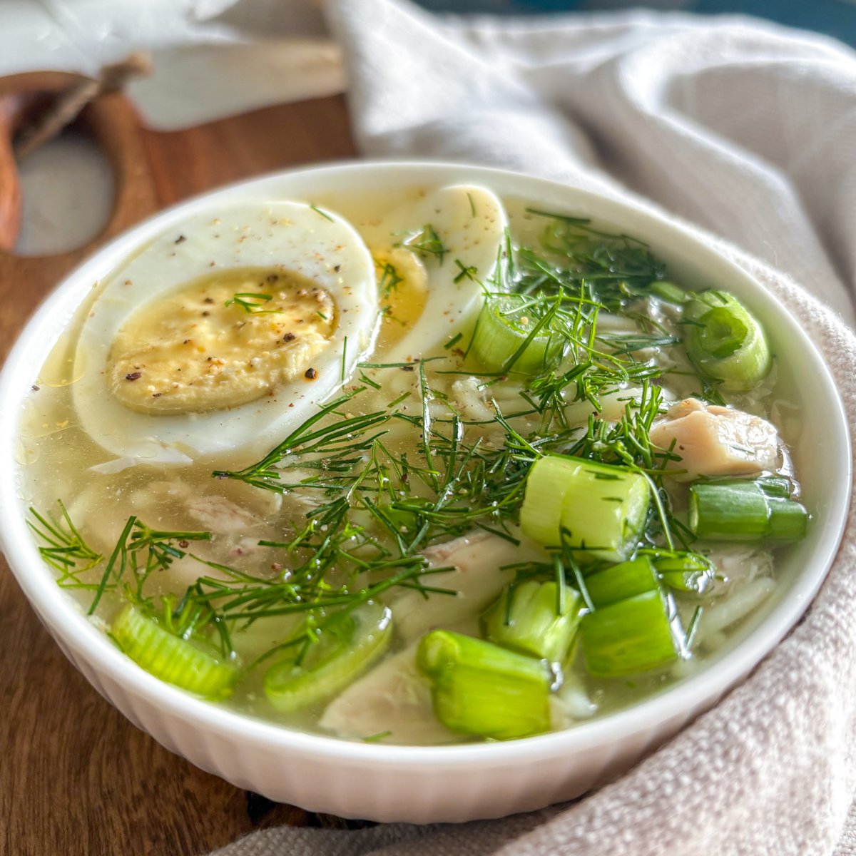 Russian chicken noodle soup with boiled egg, dill and spring onions