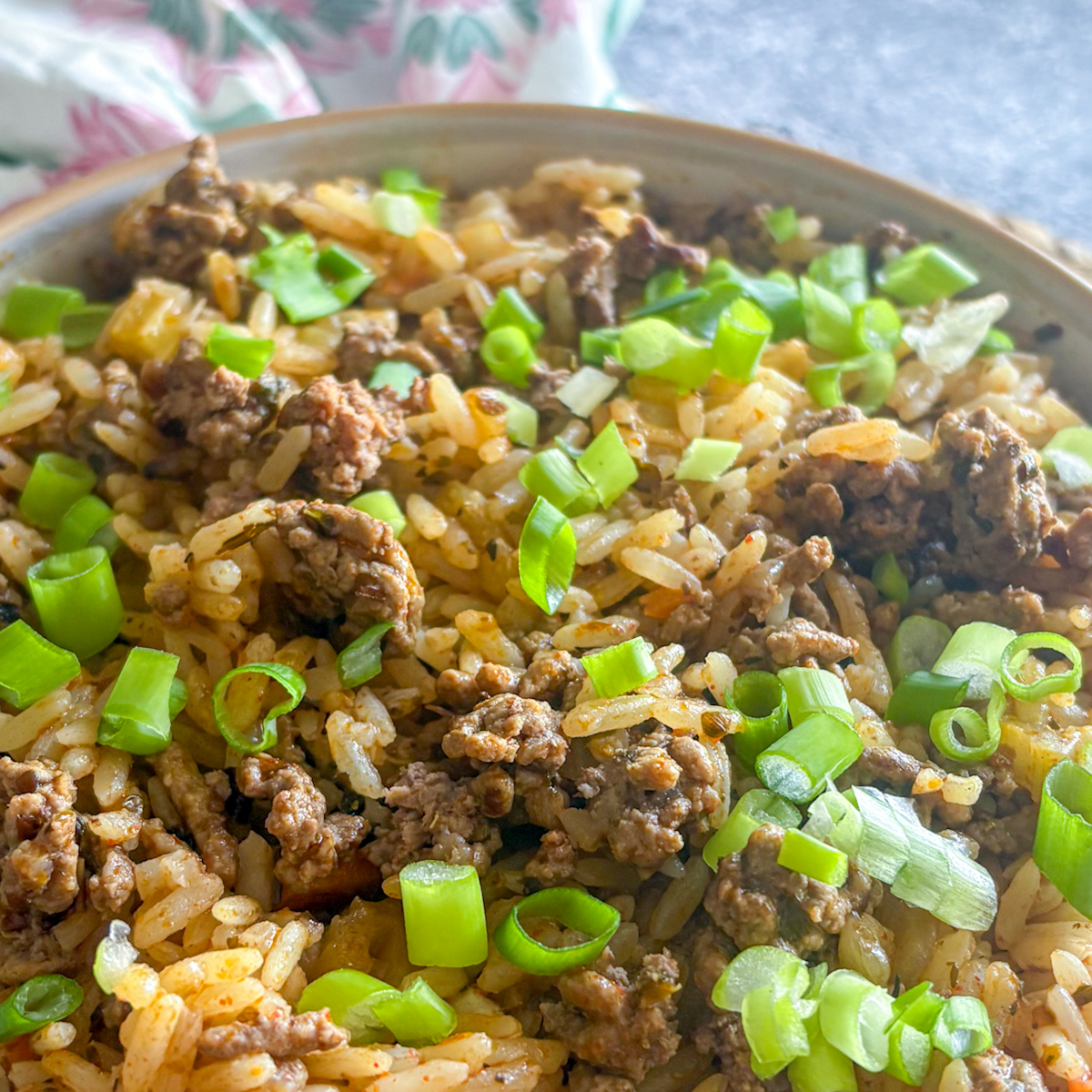 Close-up of Cajun dirty rice with beef mince and fresh chopped spring onions