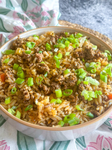 Bowl of Louisiana dirty rice with beef mince and scattered green spring onions