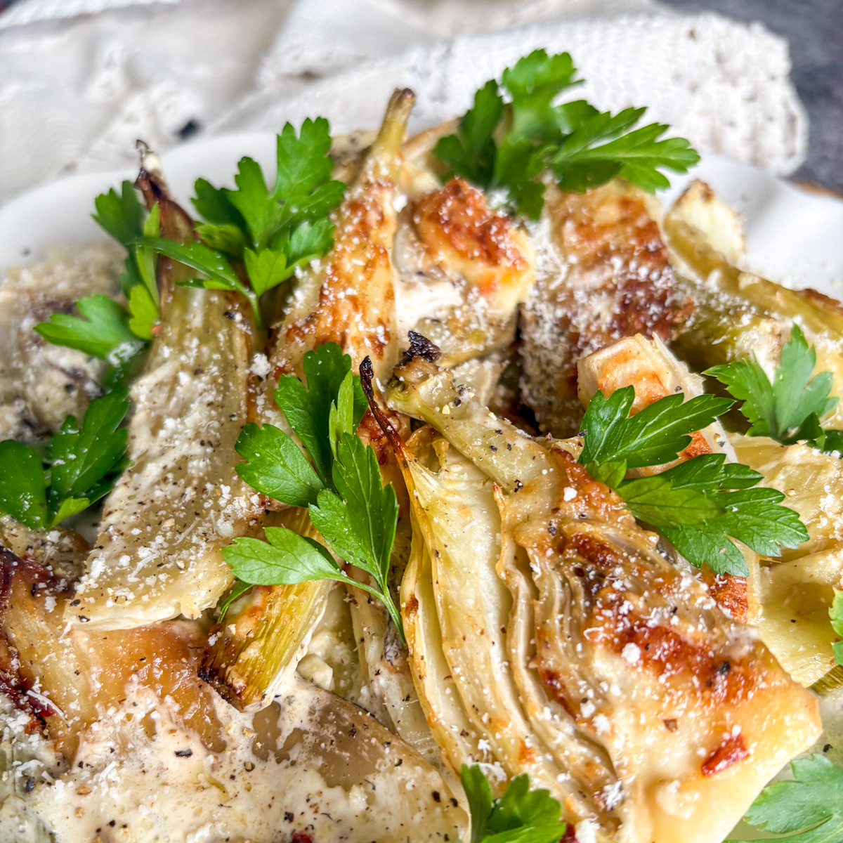 Creamy baked fennel recipe with golden parmesan crust close up