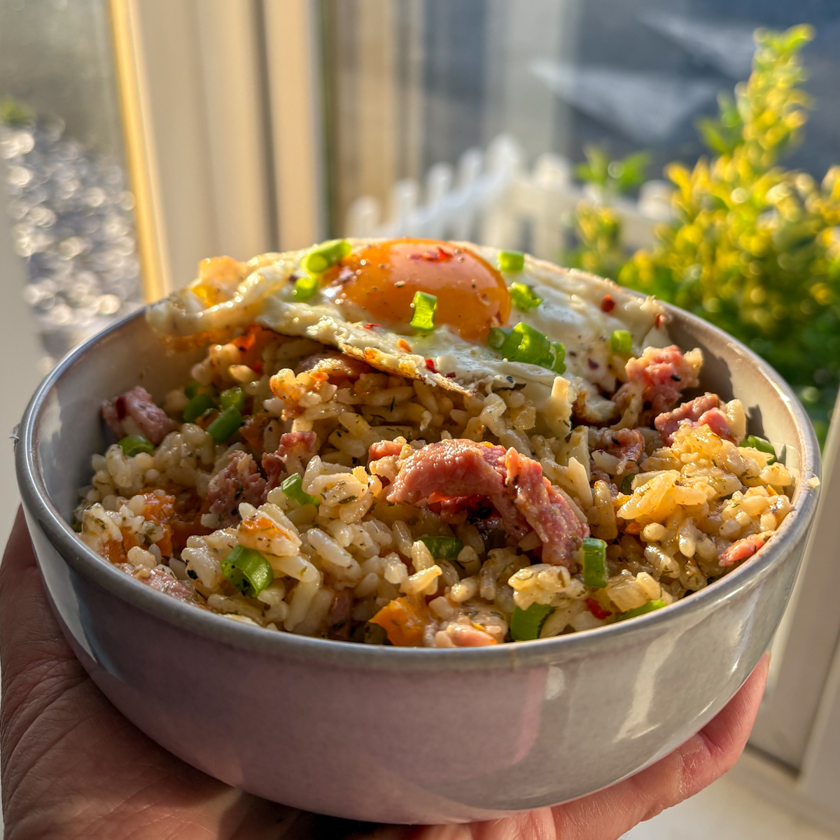 Bowl of breakfast dirty rice with bacon and a fried egg held by the window