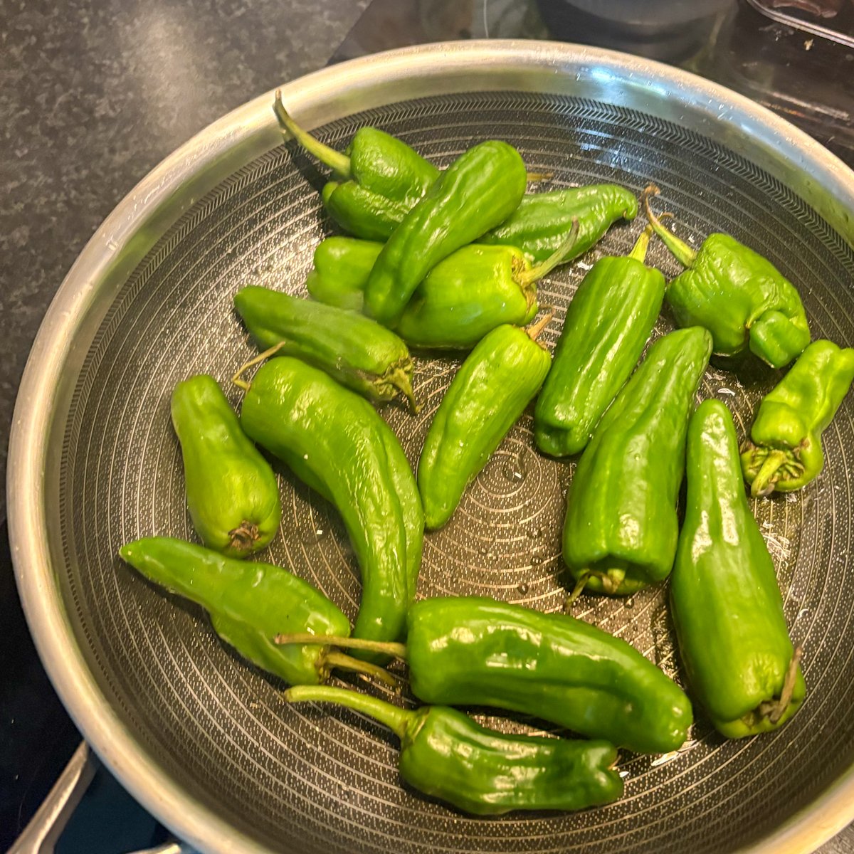 Raw padron peppers frying in olive oil in a hot skillet