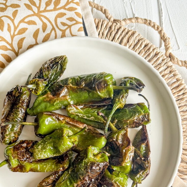 Blistered padron peppers on a white plate with olive oil and sea salt