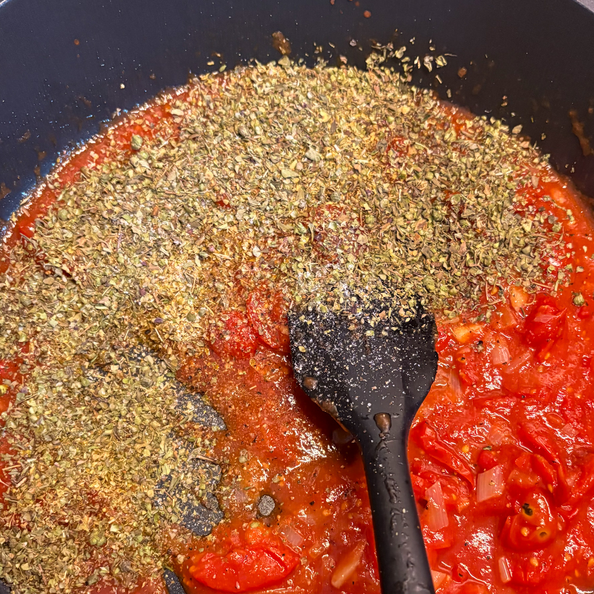 Tomato sauce base with herbs for chickpeas in tomato sauce