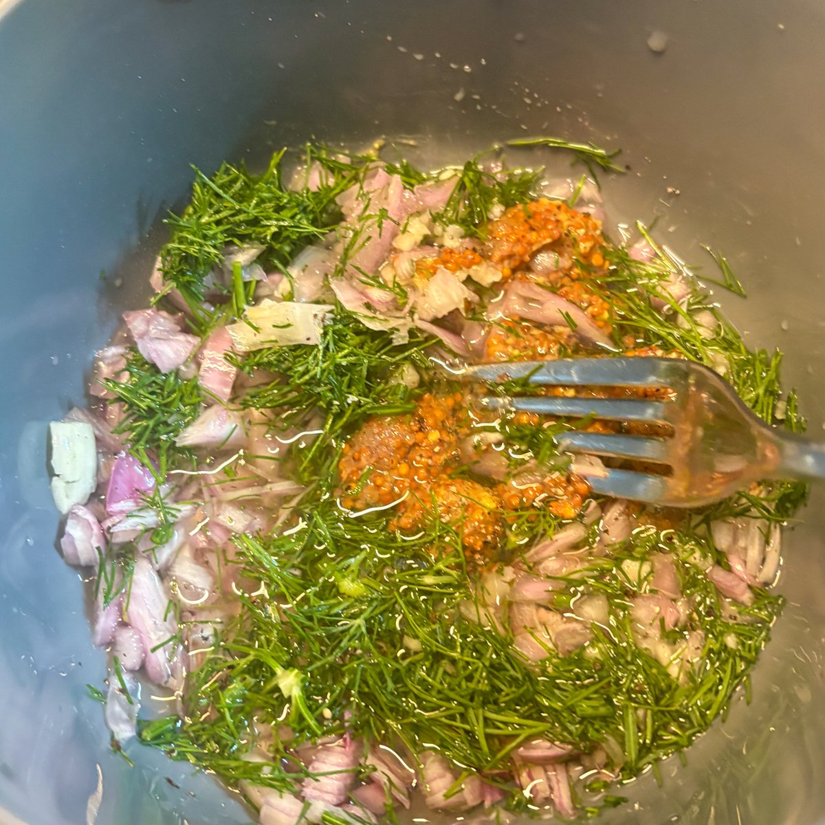 Shallot, dill and whole grain mustard mixed for pasta salad dill vinaigrette