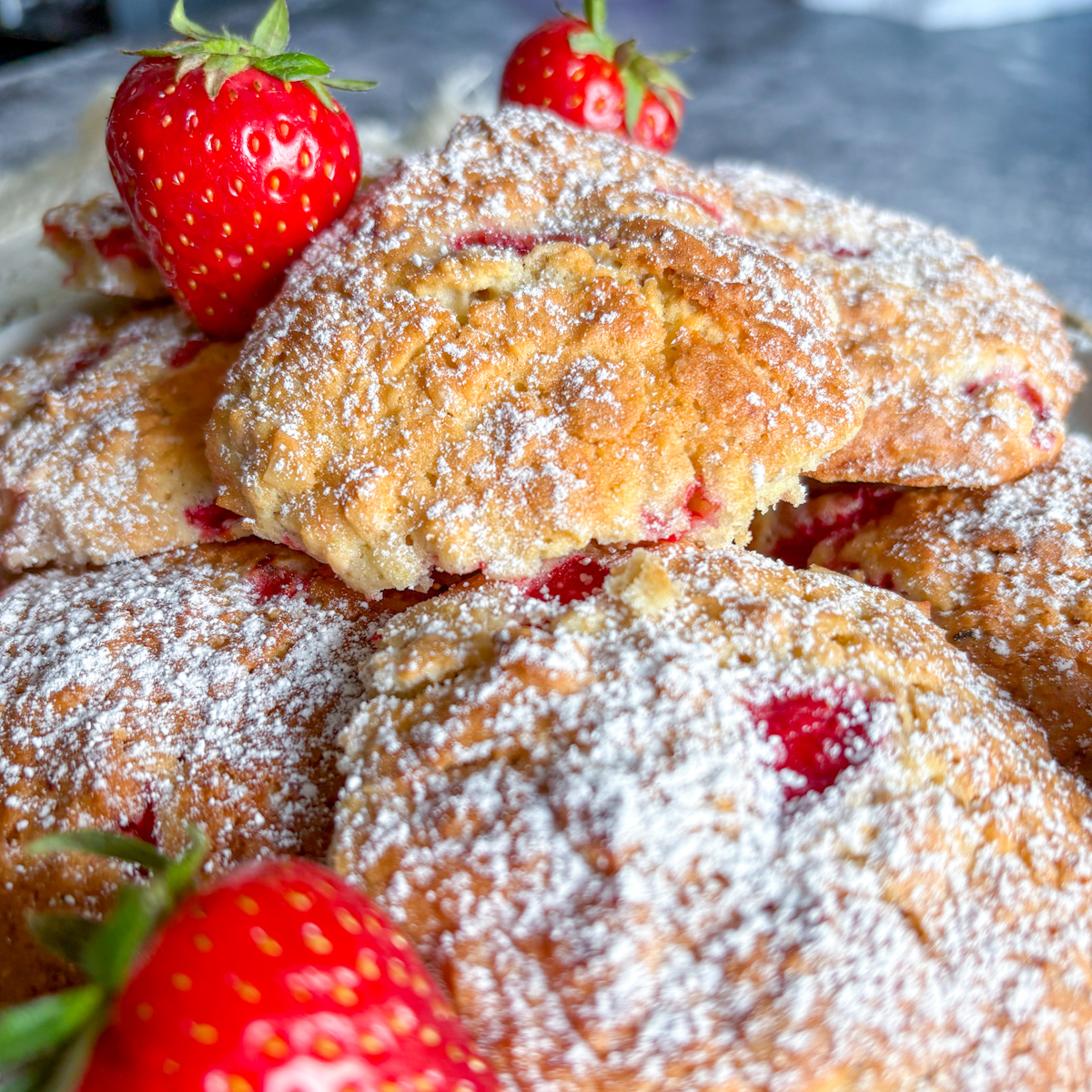 Close-up of strawberry oatmeal cookies with visible strawberry pieces and almonds