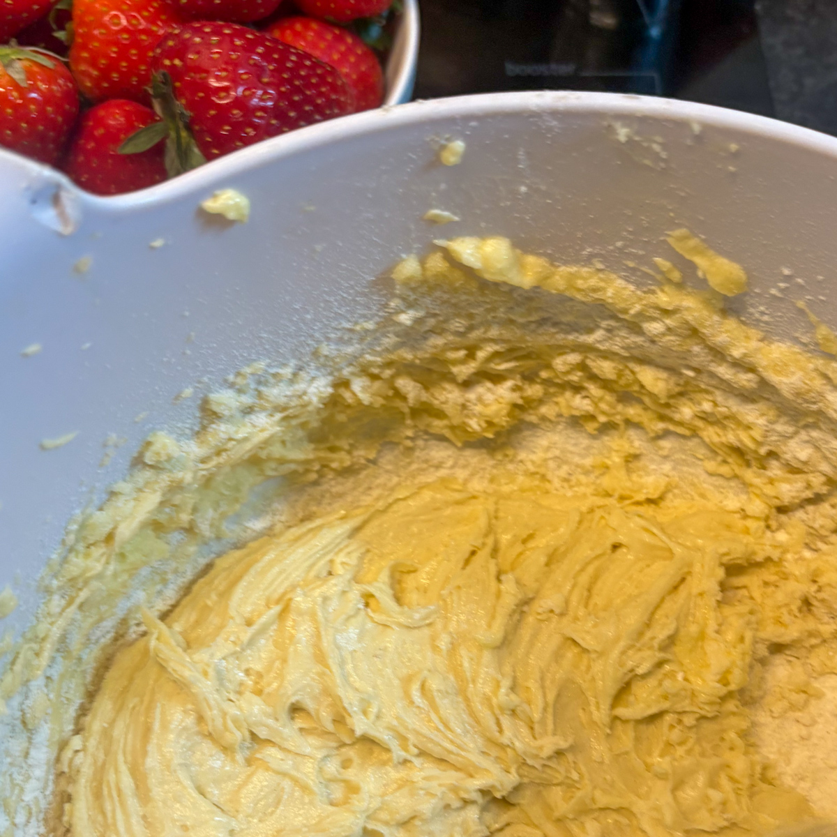 Creamed butter and sugar with flour for strawberry oatmeal cookies with fresh strawberries