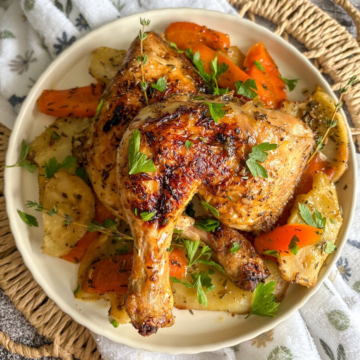 Easy chicken legs with vegetables and parsley served over roasted root vegetables